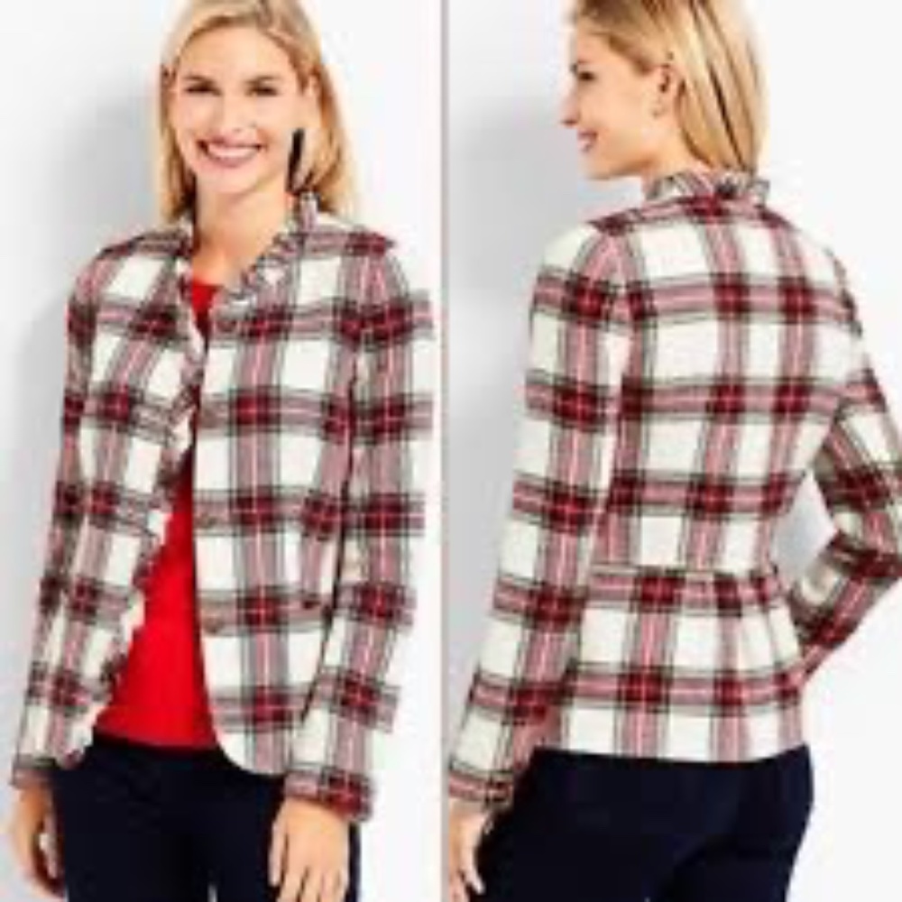 Talbots Red Plaid Wool Blend Ruffle Trim Peplum Back Blazer Jacket Size 14 EUC